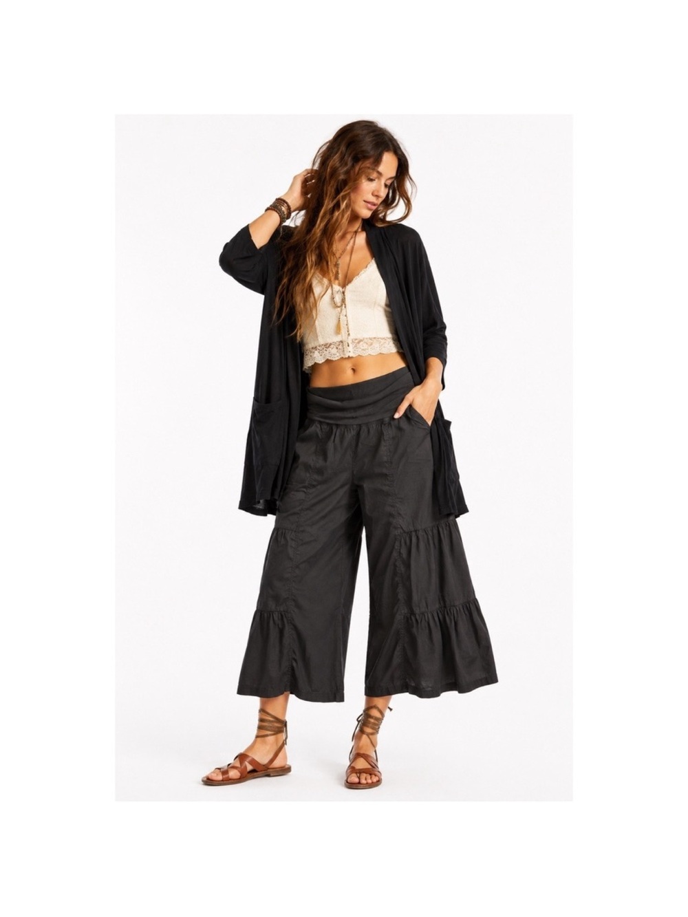 XCVI Cropped Tiered Black Palazzo Pants Wide-leg lagenlook fold over waist Y2K M